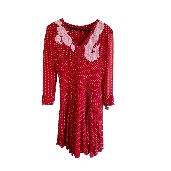 Scarlet Romance Polka Dot Ruched Drop Waist Floral applique Retro holiday Sz S/M - Picture 2 of 11